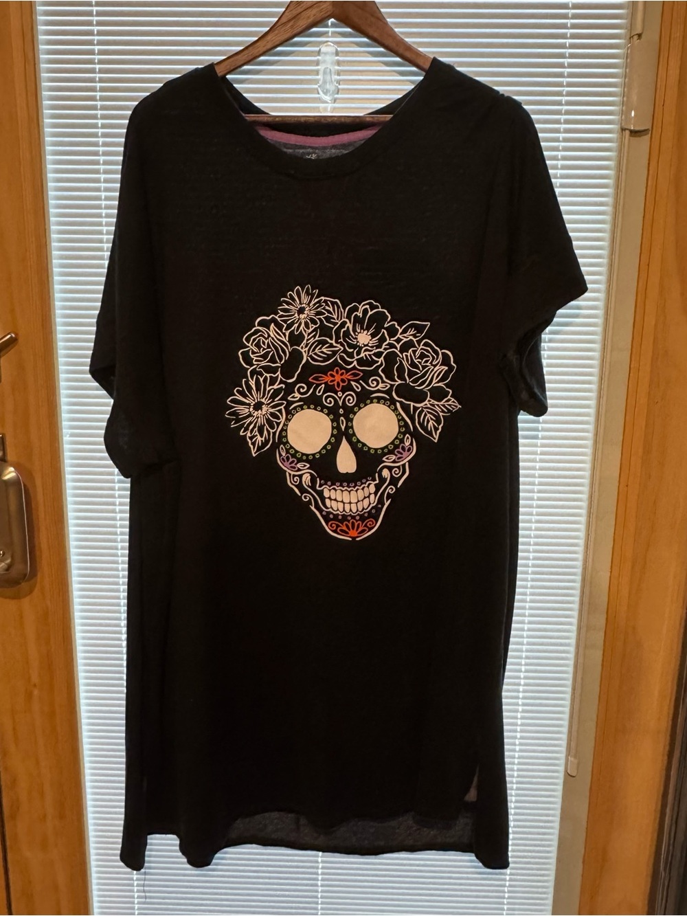 Black Sugar Skull Floral Nightshirt - Women's Sleep Tee Halloween